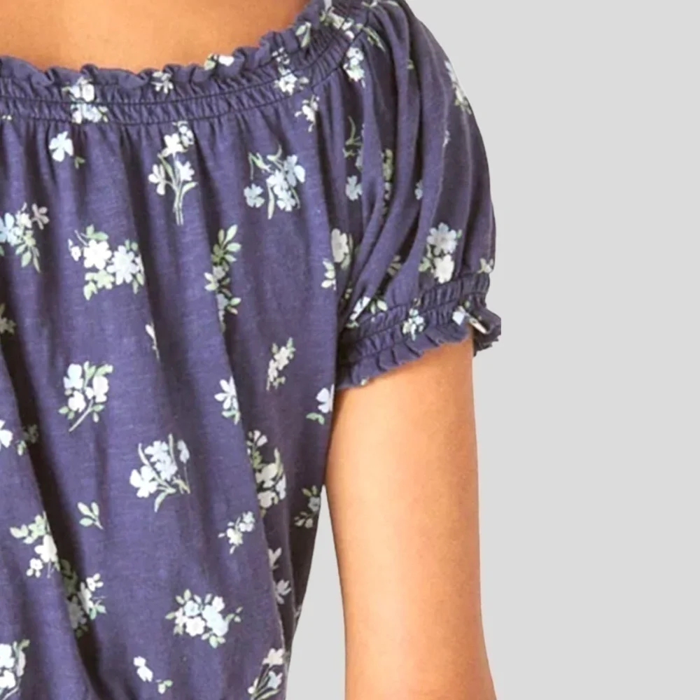 LUCKY BRAND Blue Floral On/Off Shoulder Bubble-Hem-Waist Peasant Top NWT/Lg